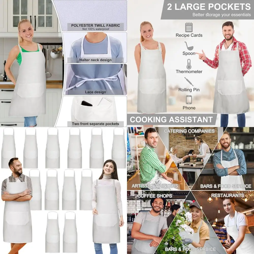 

Массовые белые фартуки унисекс с двумя карманами, длинными завязками, нагрудник 24x28.