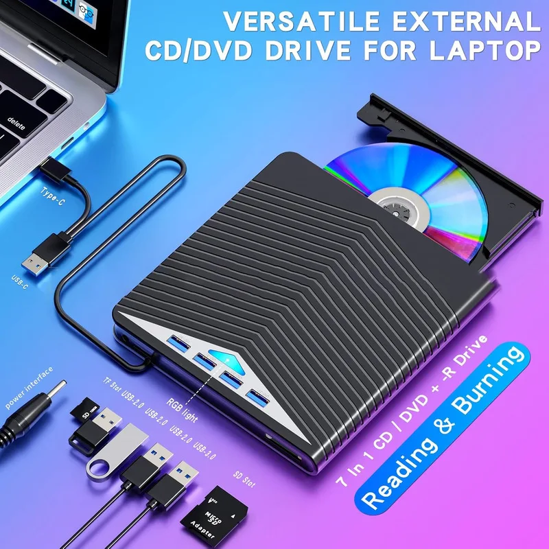 

Ультратонкий внешний DVD-привод 7-в-1 с USB 3.0 и Type-C, портативный CD/DVD-рекордер с кардридером SD/TF для ноутбуков, MacBook, ПК, Windows