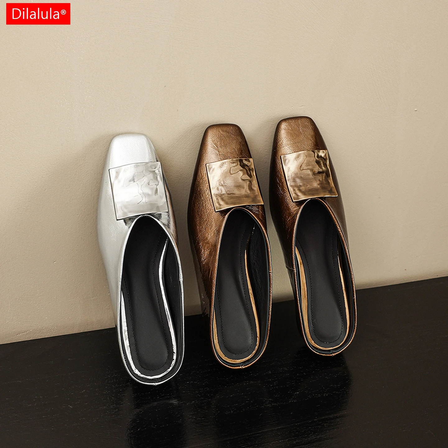 

Dilalula 2026 Fashion Cow Leather Mules Women Covered Toe Med Wedges Heels Casual Sandals Young Women Silver Walk Slippers