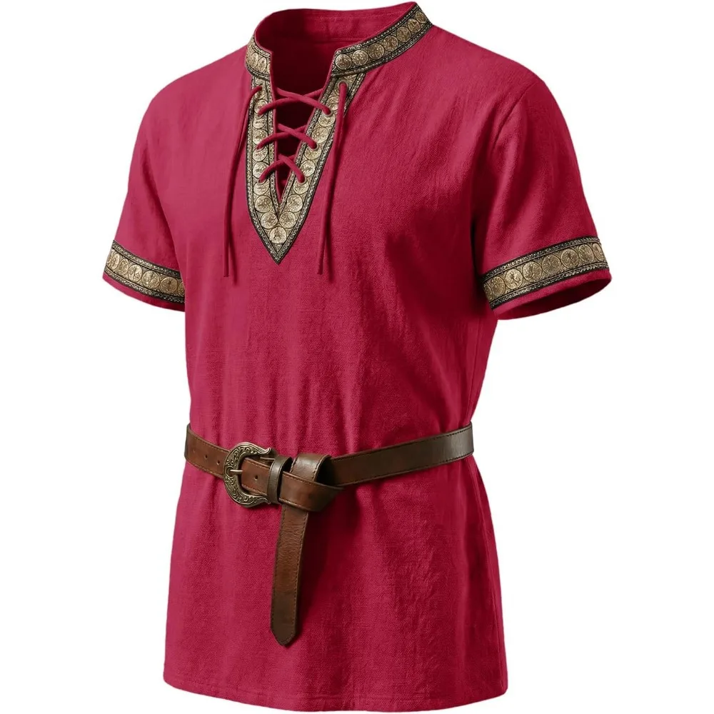 Men Medieval Short Sleeve Tunic Shirt Lace Up V Neck Embroidery Viking Renaissance Pirate Costume Tops Halloween Cosplay Outfit
