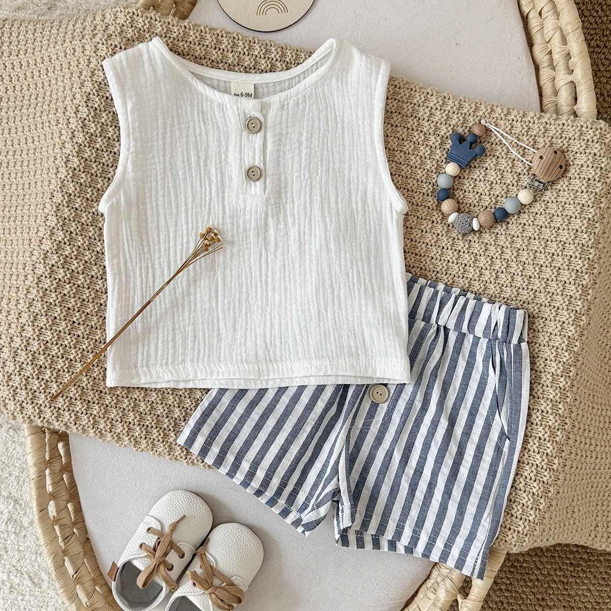 Summer baby clothes solid color boys  sleeveless T-shirt+Stripe shorts set breathable girls vest  shorts set 0-3Y