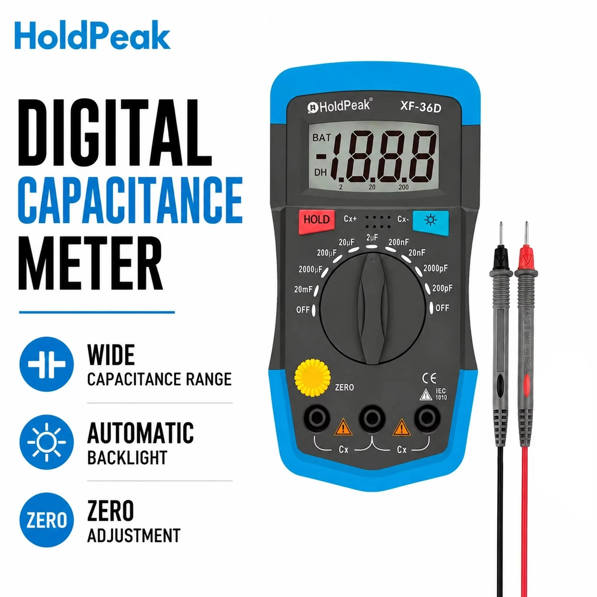 Handheld Digital Capacitance Meter 0.1pF~20000μF, High Precision Capacitor Tester with Backlight & Data Hold for PCB Repair