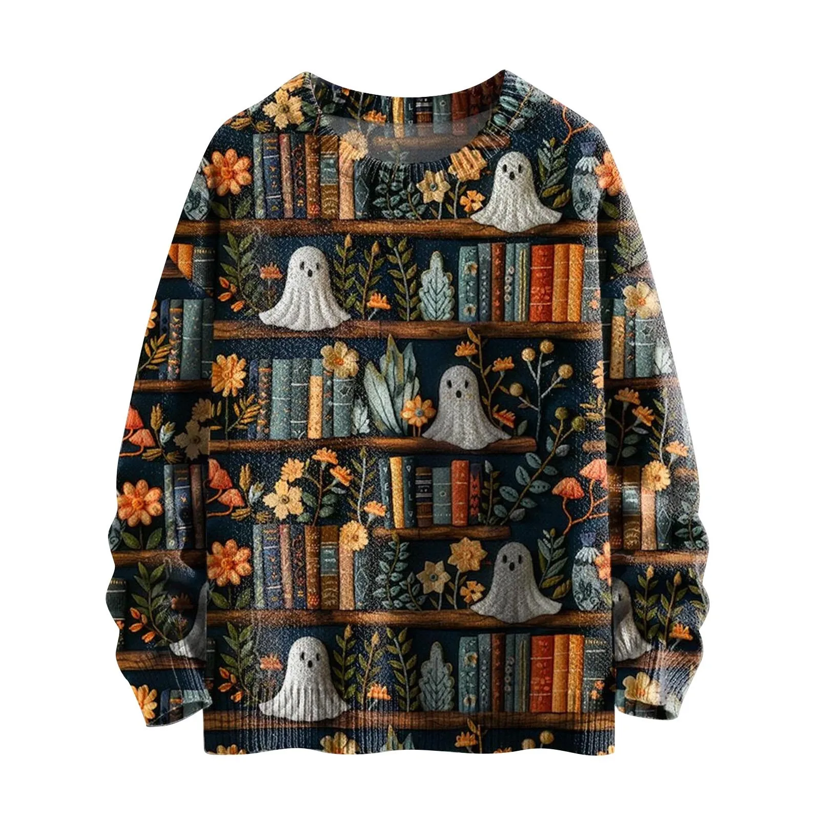 Autumn Women Halloween Theme Cartoon Anime Printed Top Pullover Fashion Striped Thick Knit Round Neck Long Sleeved Sweatshirt