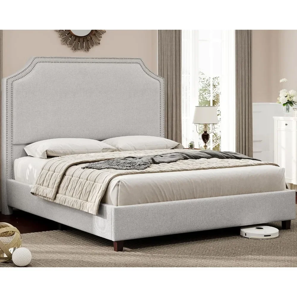 

King Size Bed Frame, Nailhead Trim, No Box Spring Required, Easy To Assemble, Grey, Upholstered Platform Bed