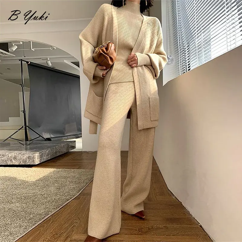 

Blessyuki Trendy Knitted Suits Women Winter Warm 3 Pieces Female Long Sleeve Pullover & Cardigan & Wide Leg Pants Soft Tracksuit