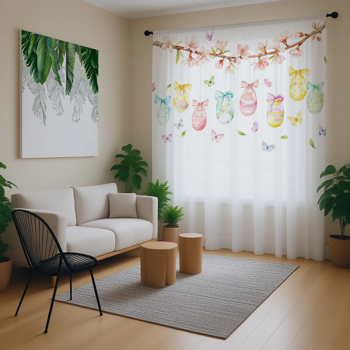 1PC Easter Egg Sheer Curtain - Hanging Egg & Cherry Blossom Pattern Pole Window Curtain for Spring Decor