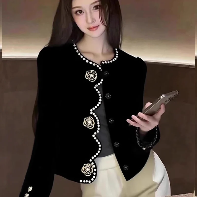 

2025 Spring Fall Women Rose Flower Pearls Buttons Beading Black Velvet Coat , Woman Clothing Embroidery Velour Coats