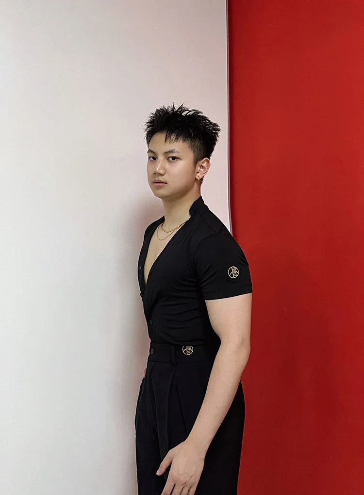 National Standard Latin Dance Practice Clothes Men Latin Costumes 2024 New V-Neck Black White Black Long-Sleeved Shirt