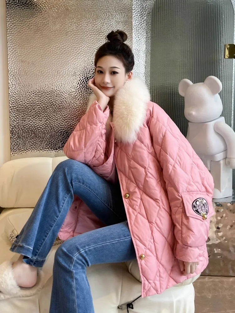 2023 White Duck Down Jacket Winter Women Warm Loose Coat Natural Real Fox Fur Collar Thick Luxury Outerwear New Fashion