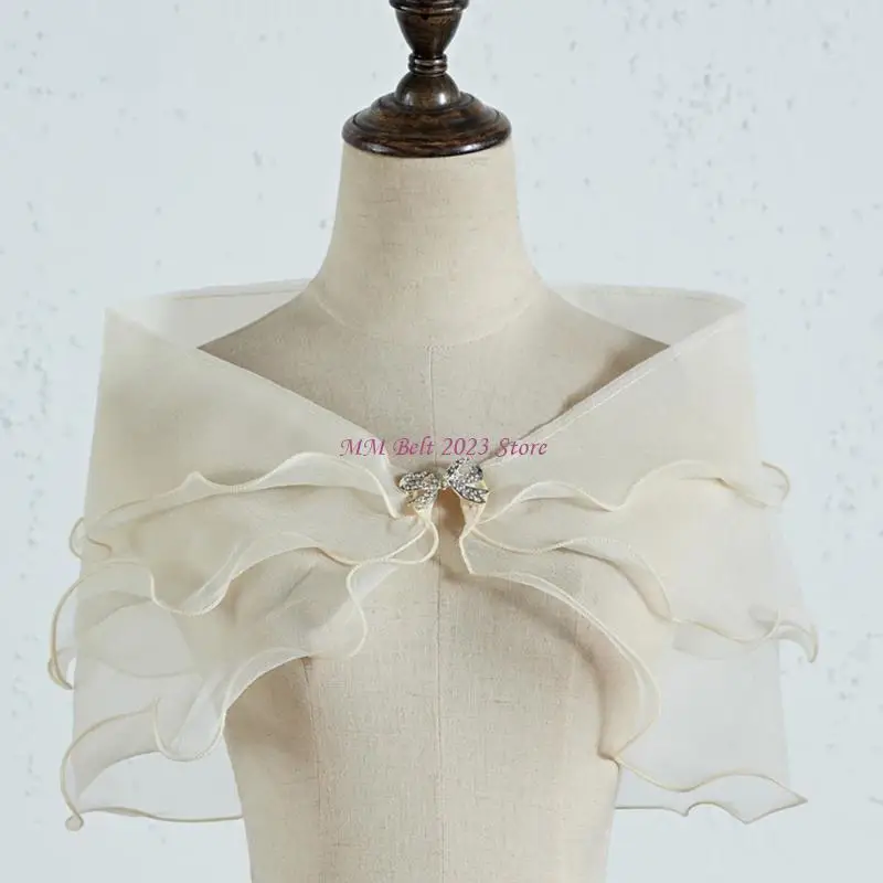 49ME Women Layered Gauze Shawl Shrug for Rhinestone Buckle Wedding Bolero Cap