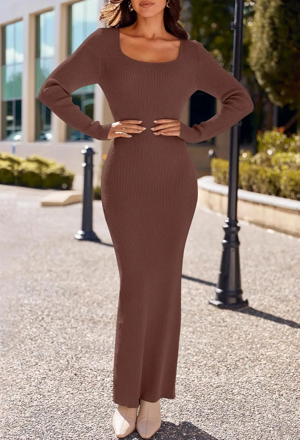 Women's 2024 Fall Long Sleeve Square Neck Bodycon Maxi Dresses Ribbed Knit Long Sweater Dress