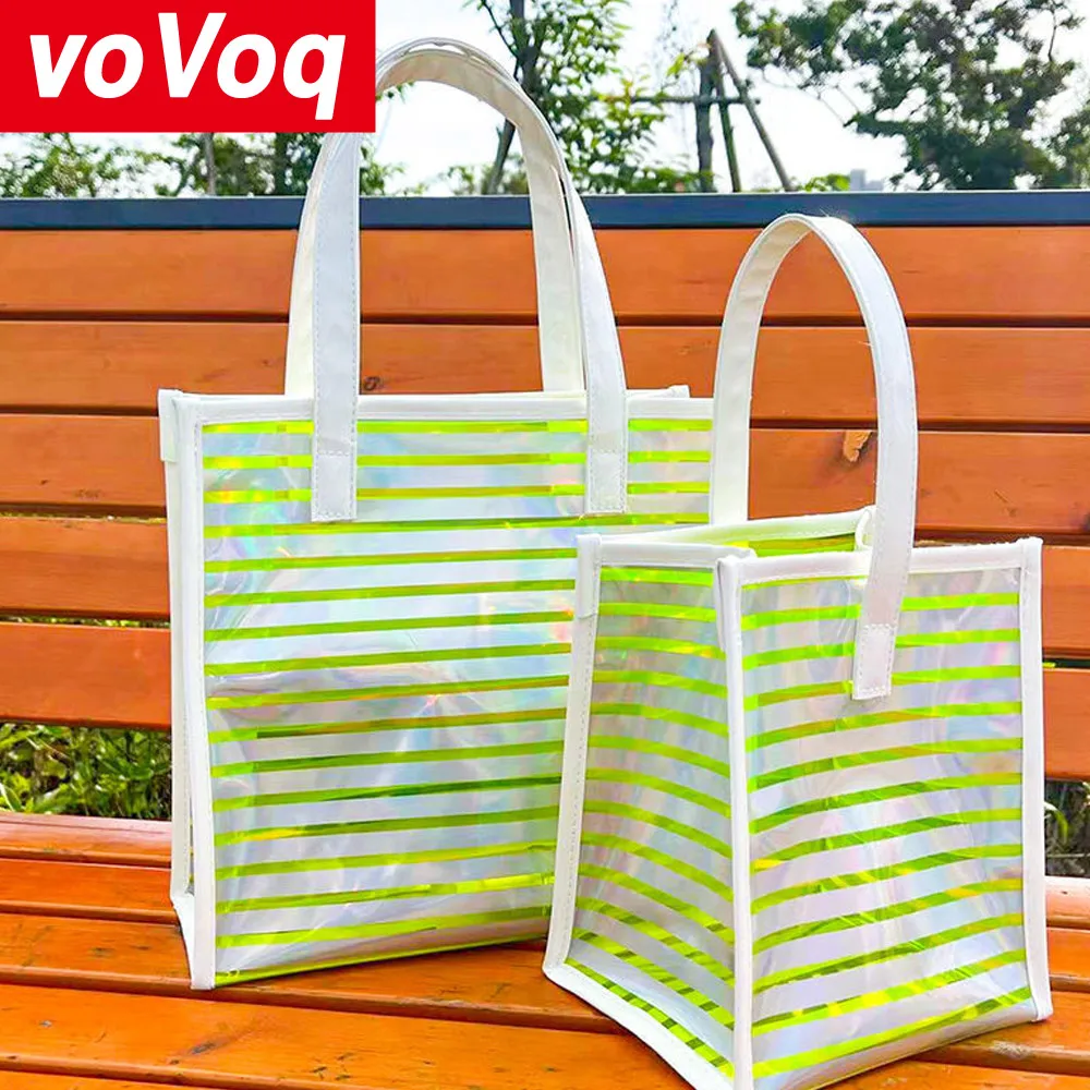 Tas Tote penembak Laser warna-warni PVC tas Jelly tahan air kapasitas besar, hadiah, tas penyimpanan renang genggam dapat disesuaikan wanita