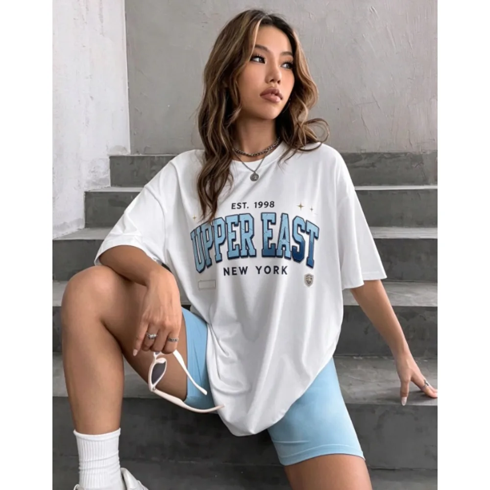 Women Oversized T-shirt Upper East Vintage Letter Print Round Neck Short Sleeve Tee Summer Casual Streetwear Tops