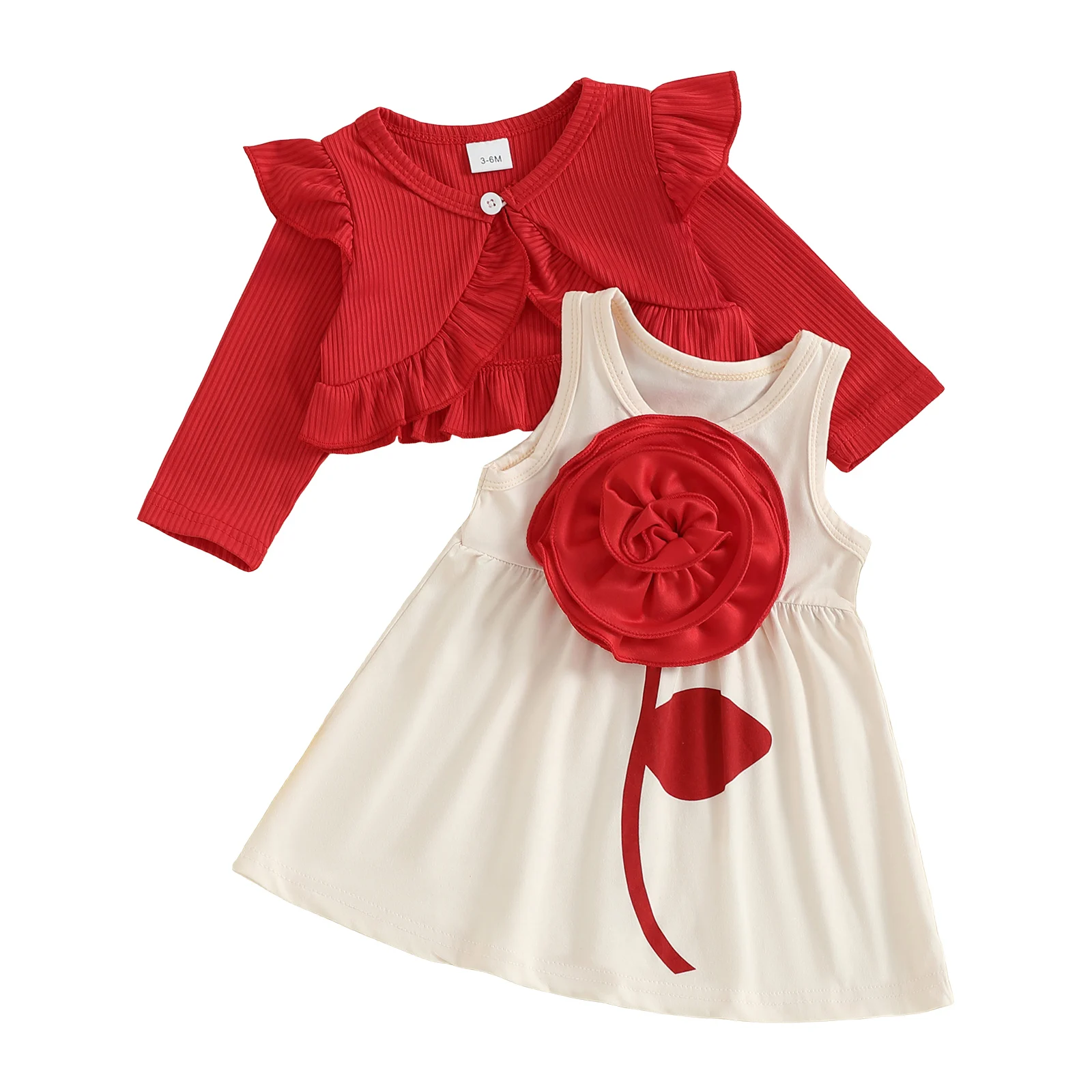 

Adorable Baby Girl Autumn Ensemble Cozy Long Sleeve Ruffled Cardigan with 3D Flower Detail and Sleeveless Tank Dress