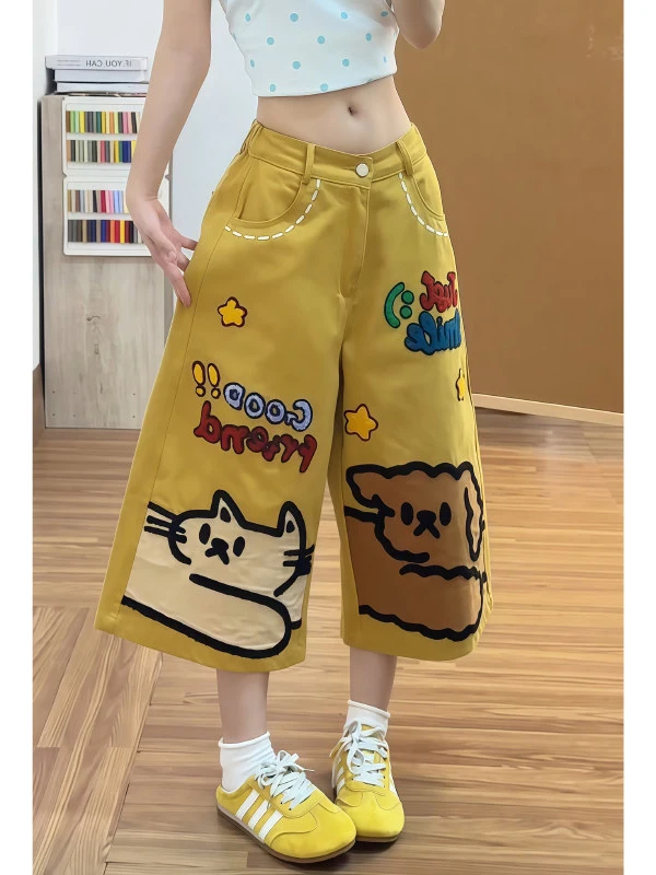 American Style Retro  Dog Embroidery Yellow Denim Seven-Foot Pants Women Summer Dopaamine Cute Loose Five-Point Shorts