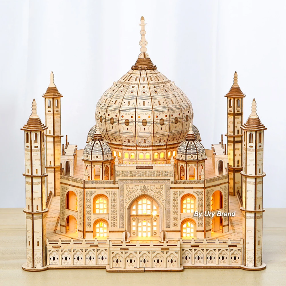 3D Wooden Puzzle House Royal Castle Taj Mahal With Light Assembly Toy For Kids Adult DIY Model Kits Desk Decoration for Gifts