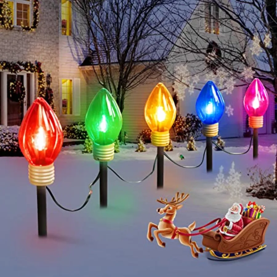 Outdoor Christmas Pathway Lights For Lawn And Yard Decorations, Waterproof C9 Bulbs In Warm White, 17 Feet With 10 Jumbo LED Li