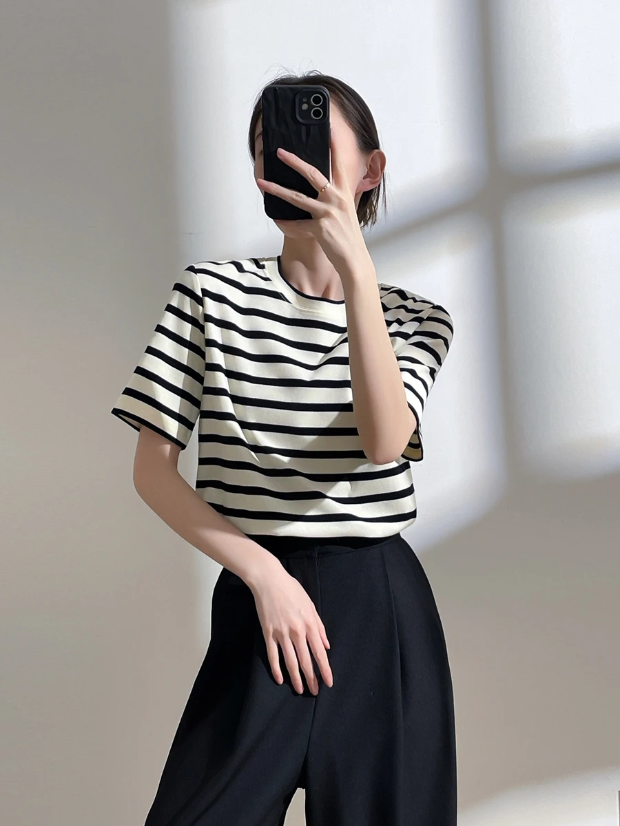 Sommer Baumwolle rund Ne T-shirt frauen ort Sve Lose Abnehmen Casual Top Farbe Blo Basis irt Gestreiften Muster