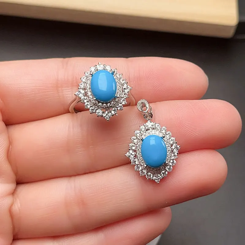 High Quality Turquoise Powder Forming Gemstone Jewelry Set 925 Silver Reconstituted Turquoise Ring Pendant  with Gold Plating