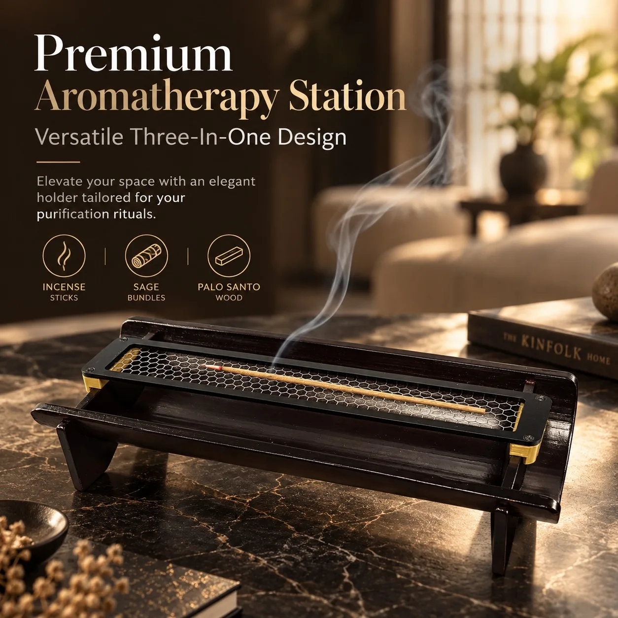 3 in 1 Bamboo Incense Holder Metal Sage Palo Santo Holder Burner with Ash Catcher Tray Incense Burner for Meditation Yoga Spa