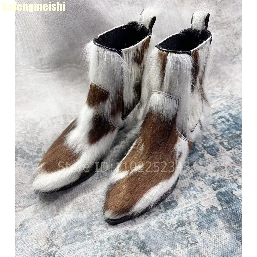 2026 New Winter Genuine Leather Horse Hair Boots Thick-Sole Pointed Toe British Style Chunky Heel Fleece-Lined Short Boots