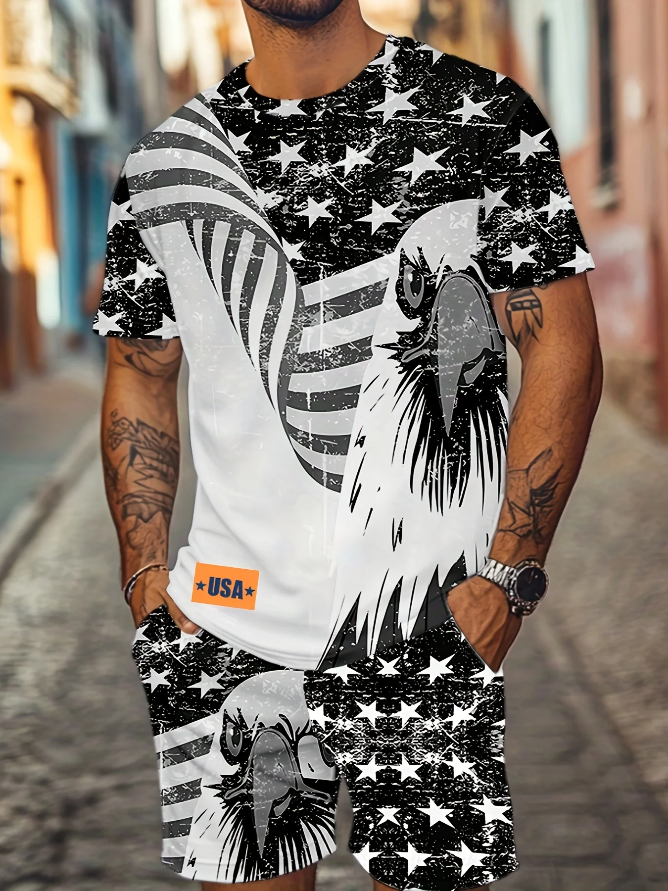 

Patriotic Stars and Eagles Pattern - Men's Summer 2025 Short Sleeve Suit - Lightweight and Breathable - Oversize Fit Apparel