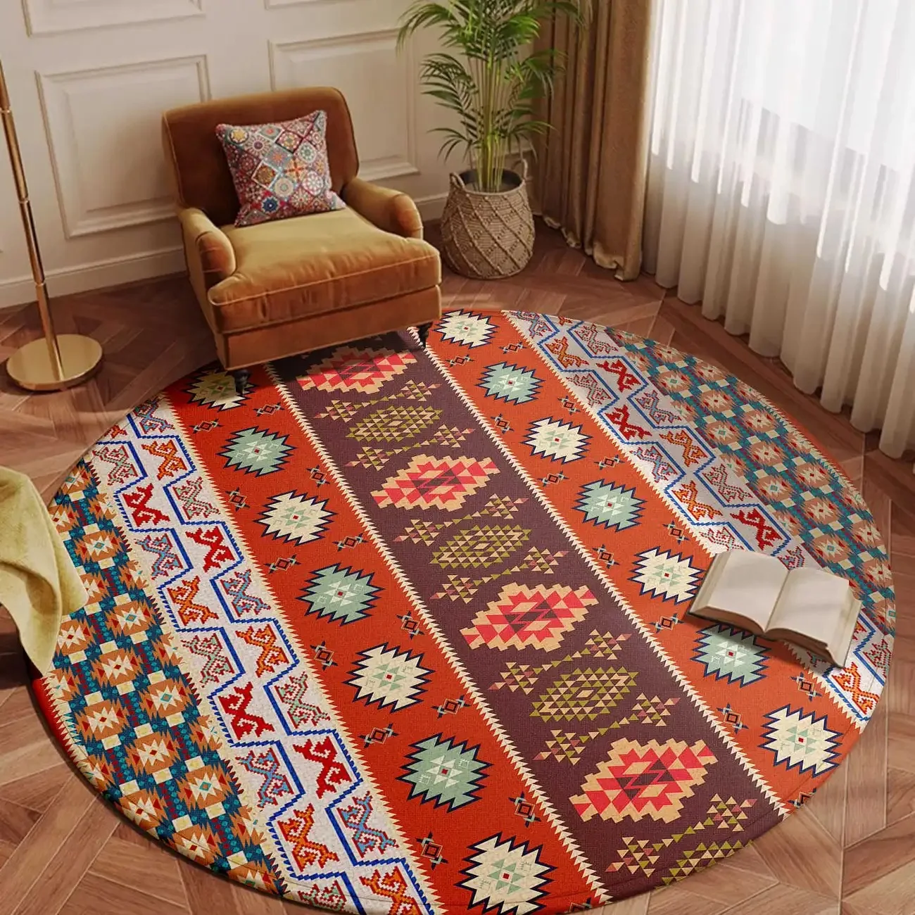 سجادة مستديرة عرقية سجادة ملونة بتصميم هندسي مرقع بنمط قبلي سجادة أرضية ناعمة لتزيين غرفة المعيشة والمنزل