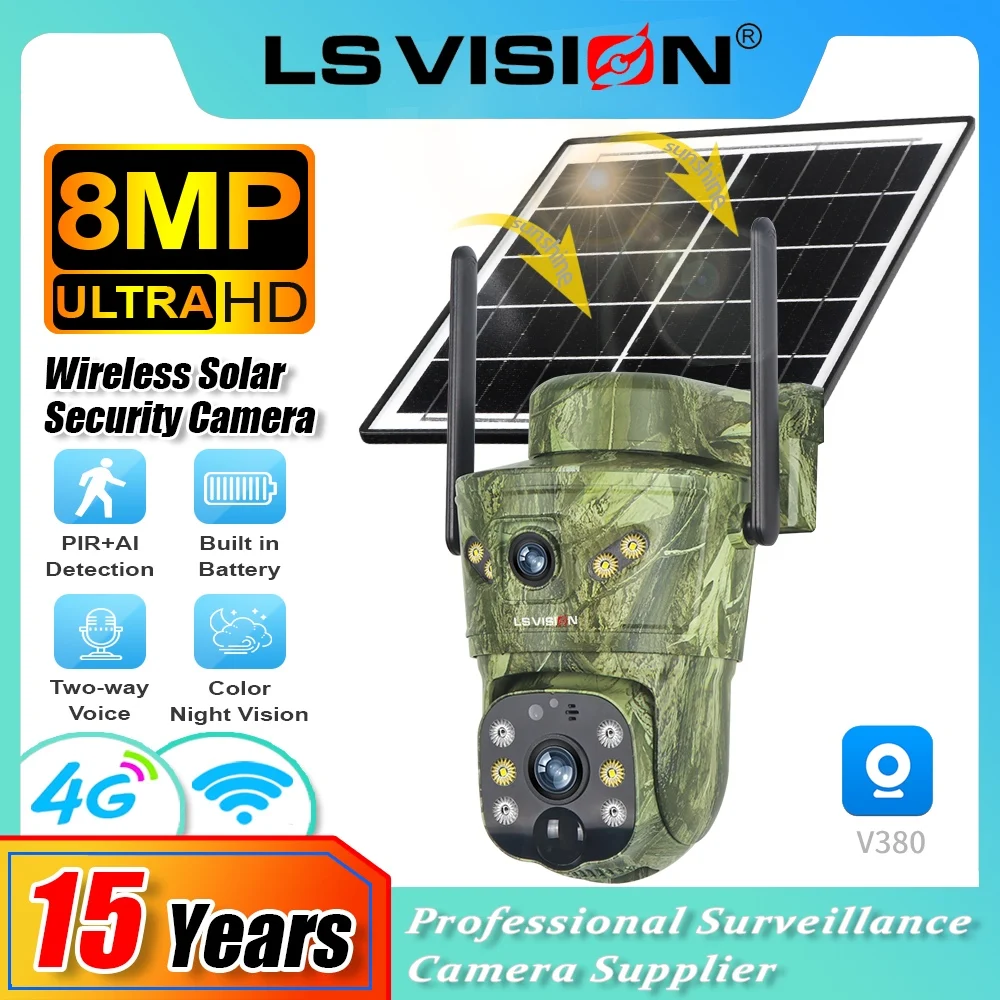 

LS VISION 8MP двойной экран 4G солнечная камера безопасности Wi-Fi наружная камера наблюдения камера видеонаблюдения с автоматическим отслеживанием человека V380 Pro