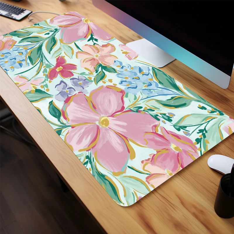 Chic Spring Floral Large Gaming Mouse Pad - Non-Slip Rubber Base, Stitched Edge Desk Mat for Home Office & Gaming, 35.4x15.7 Inc