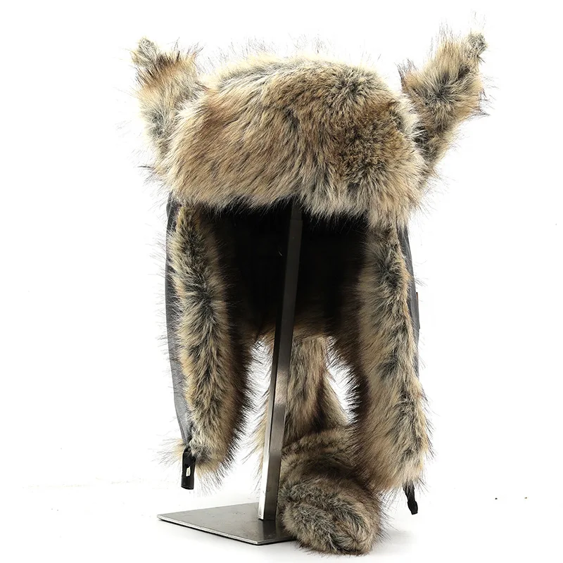 Plush Fox Ear Leather-Trimmed Pilot Beanie Winter Thickened Warm Ear-Covering Hat Skiing and Cycling Beanie
