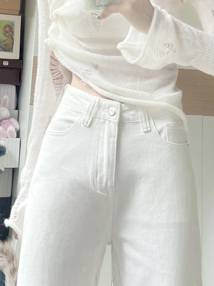 American Sle Vita alta Bell Bot Jeans Donna Bianco Estate Nuovi pantaloni larghi a gamba larga drappeggiati dimagranti