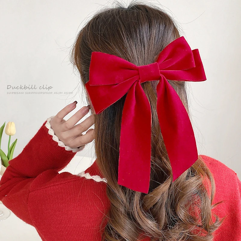 Duża kokardka do włosów Kobiety Aksamitne Czarne Czerwone Vintage Spinki do włosów Ślubna długa wstążka Koreańska spinka do włosów Moda Dziewczęce nakrycia głowy — zdjęcie 6