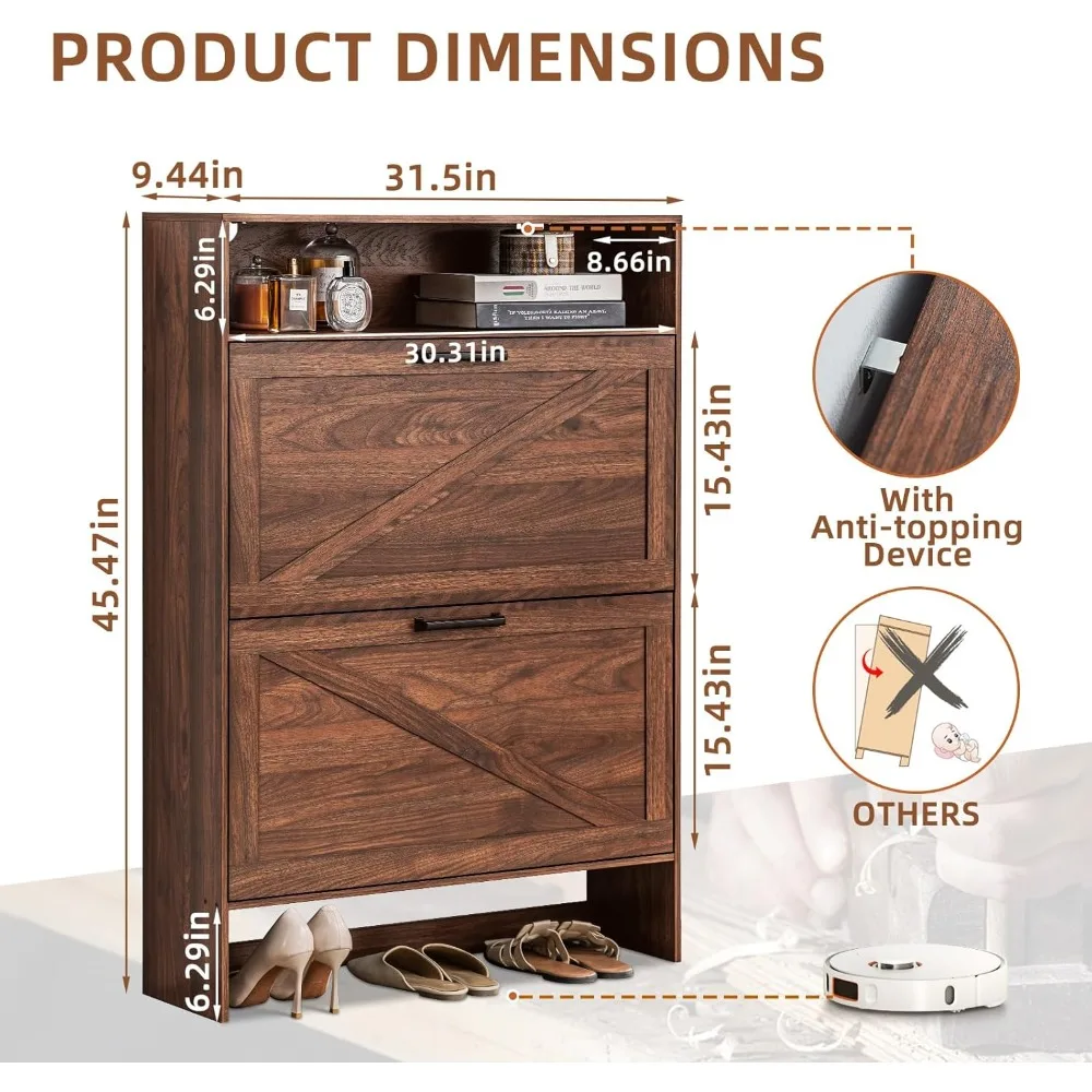 Freestanding Slim Shoe Storage Cabinet with Flip Drawers and Legs - Farmhouse Style Narrow Organizer Rack