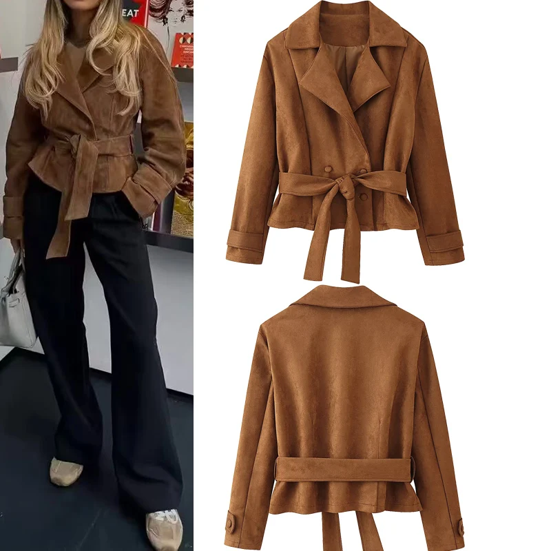 

Autumn Turn-down Collar Long Sleeve Suede Short Jacket Coat Women Lace-Up Buttons Decoration Tops Female Chic Casual Wear 2025