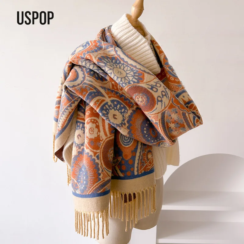 

USPOP большой широкий толстый жаккардовый кашемировый двусторонний шарф, шаль с кисточками для женщин, осенне-зимняя элегантная накидка