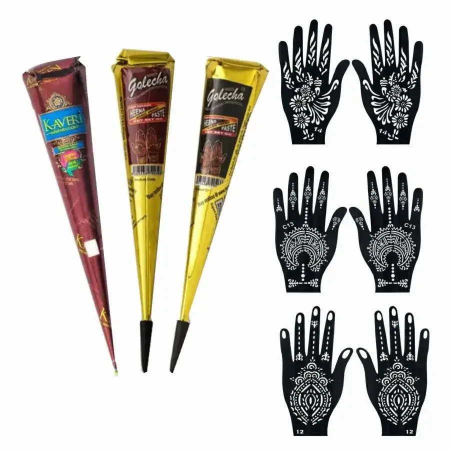 Henna Tattoo Set, 3 Henna Pastes + 6 Temporary Tattoo Stencils, Waterproof Henna Tattoos for & Mehendi Designs