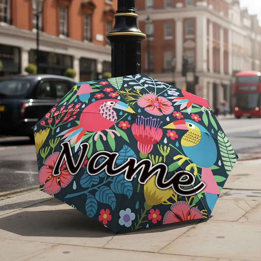 Custom Name umbrella, Colorful Bird Floral Umbrella Fashion Folding Umbrella for Sunny and Rainy Days, Christmas Gift