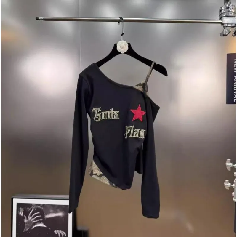 Autumn Slope Neck Off-shoulder Long-sleeved High Street Trendy Top with Lettered Five-pointed Star Design