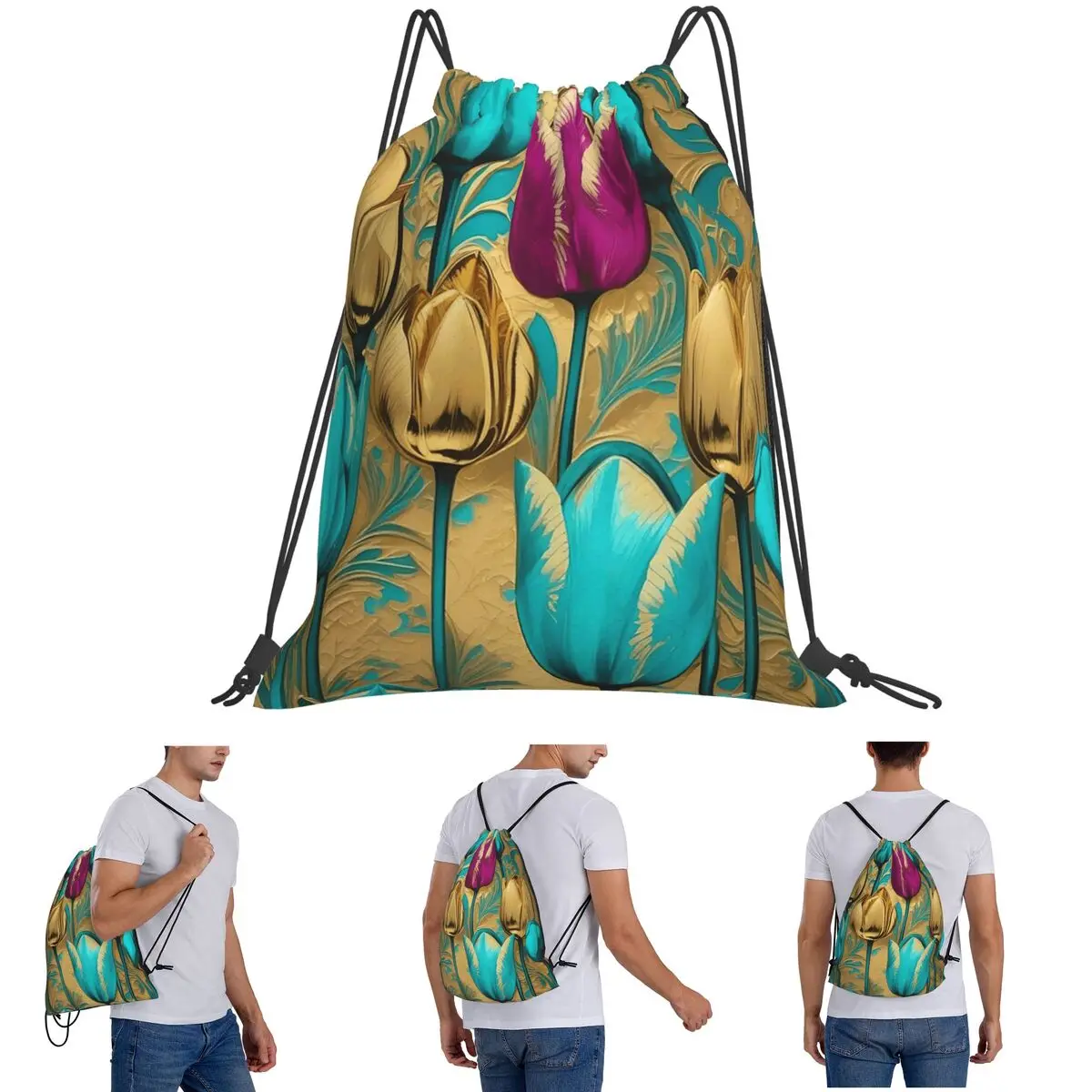 Tulips With Gold Baroque Backpacks Fashion Drawstring Bundle Pocket Sundries Bag Book Bags for Travel School