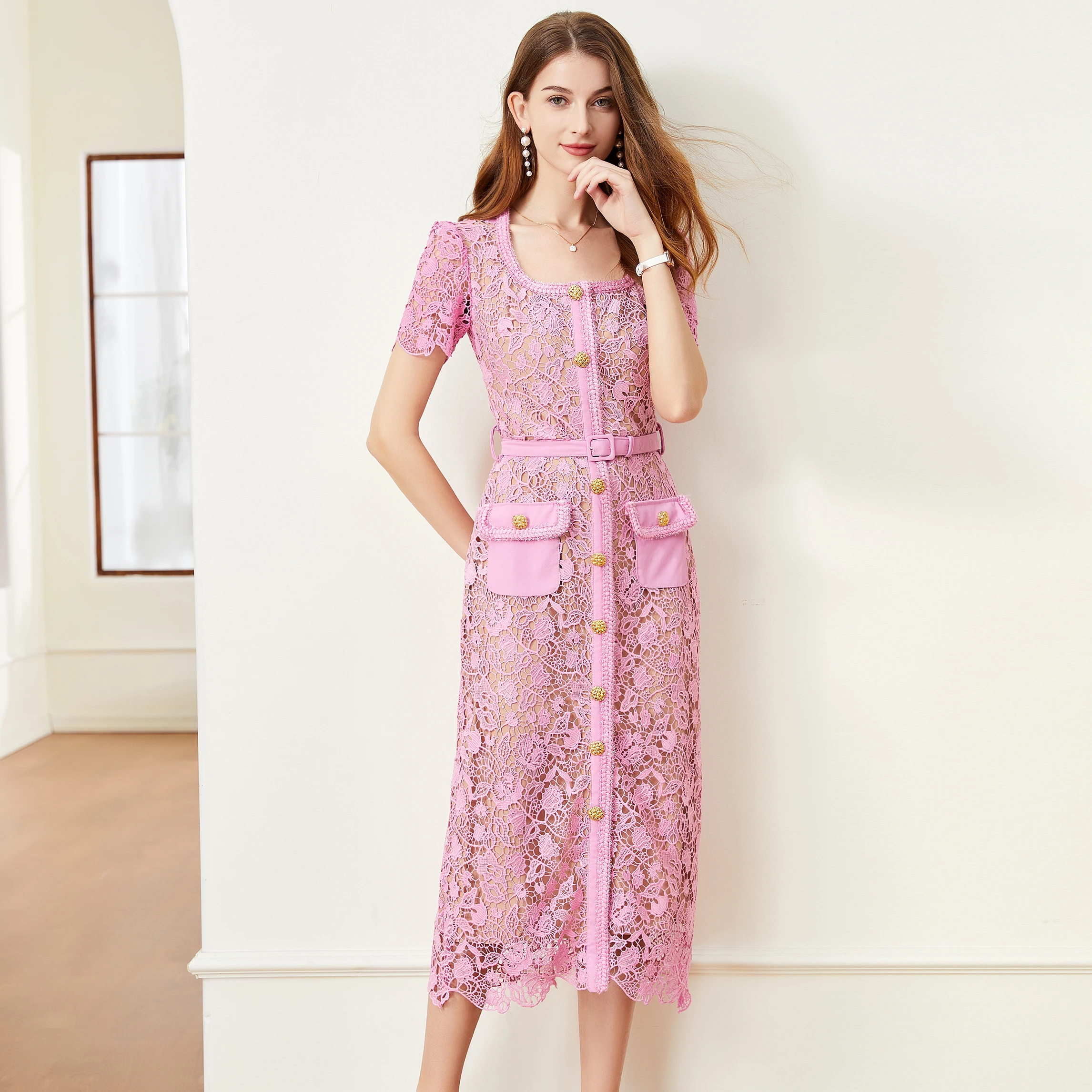 섹시한 Bodycon 레이스 스퀘어 넥 긴 소매 싱글 브레스트 드레스 세련된 우아한 Vestidos 빈티지 가을 여성 패션 드레스