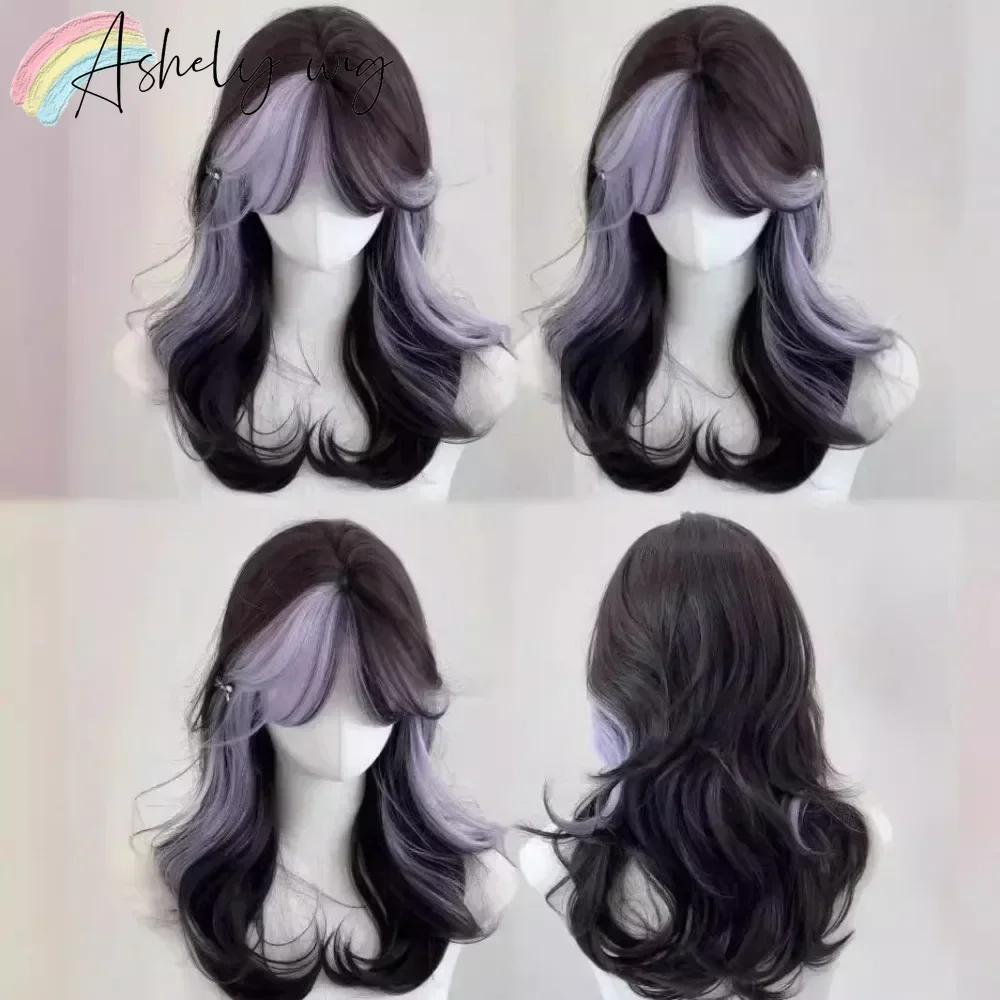 Ashely Black Purple Wig Short Curly Wig for Women Ombre Black Natural Soft Headband Synthetic Wig with Bangs Lolita  가발