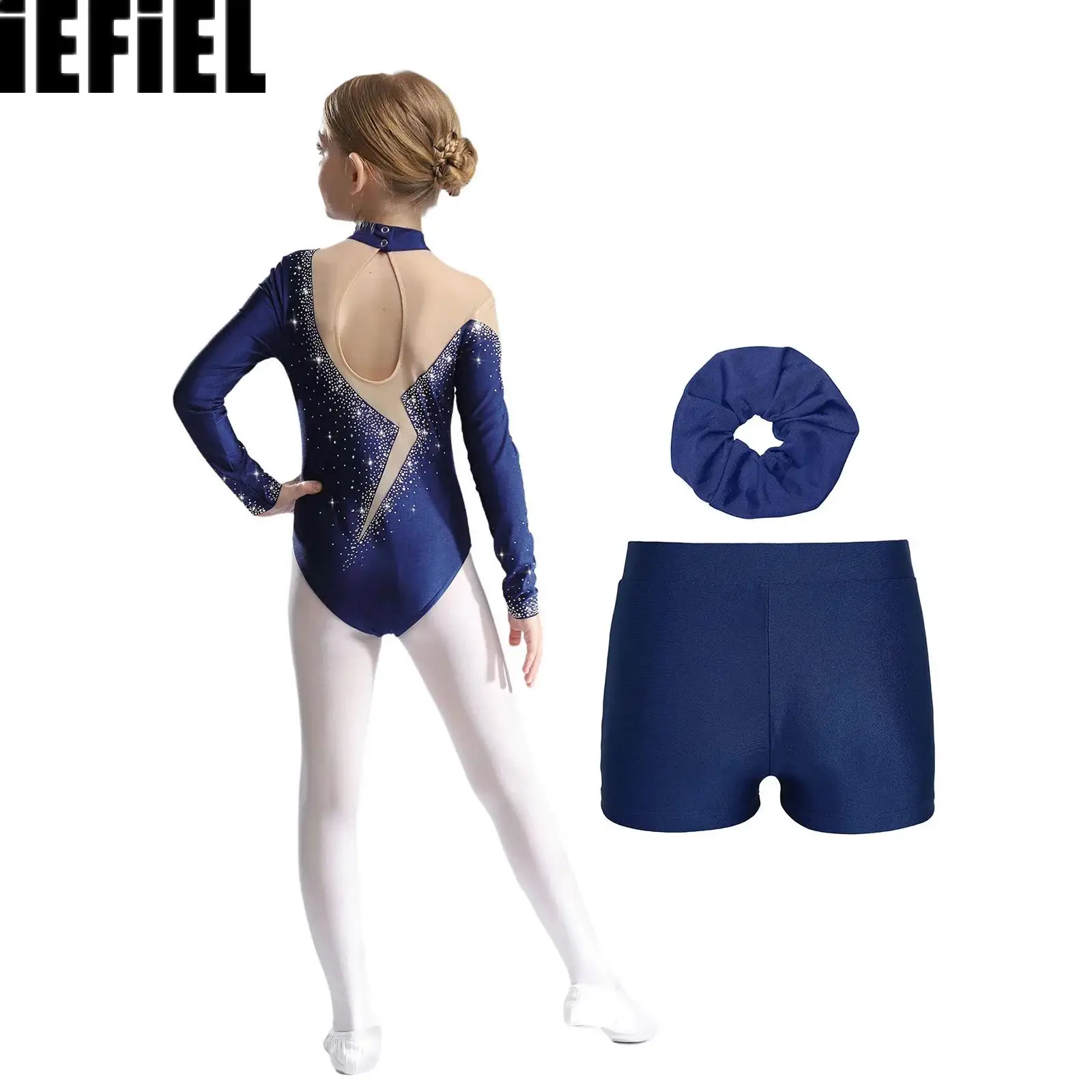 Roupa de patinação artística infantil, roupa com buraco de fechadura nas costas, malha transparente, strass brilhantes, collant de dança com shorts e faixa de cabelo