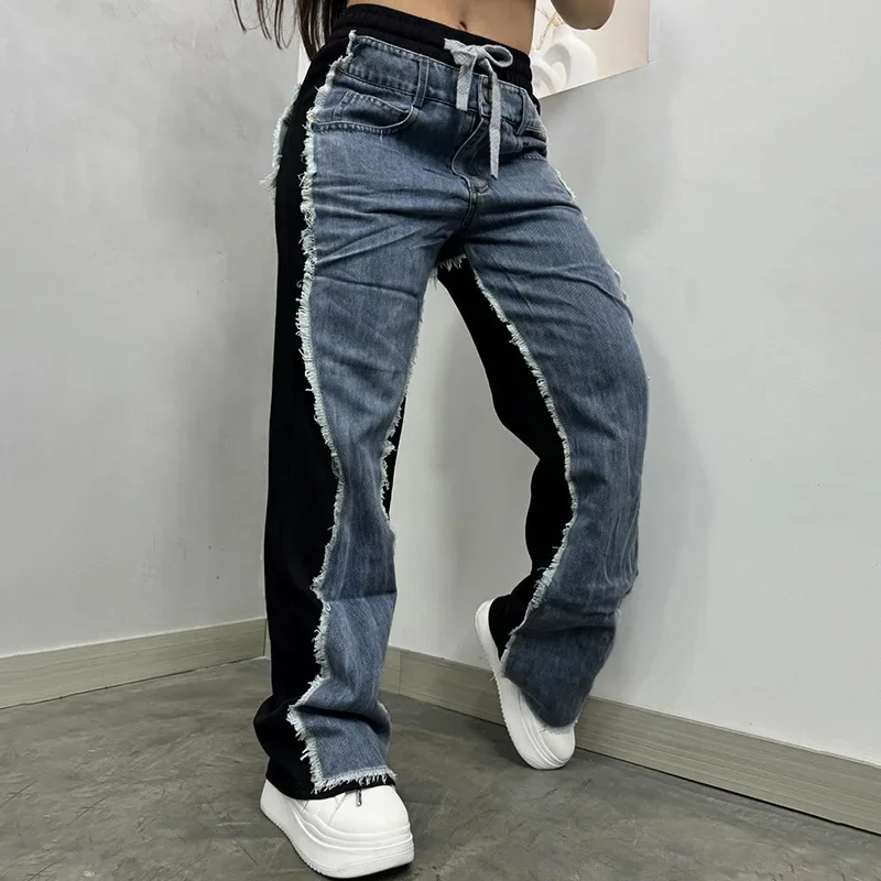 Fashion Patchwork Jeans Women Casual High Waist Straight Pants  Autumn Winter Retro Pockets Hip-hop Denim Trouser 2024 Blue