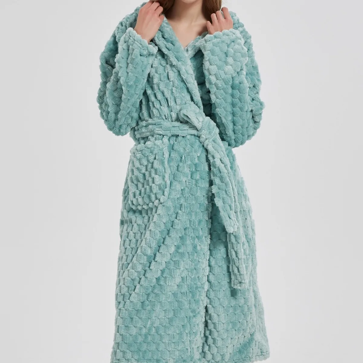 Autumn Winter New Plaid Flannel Robe Hooded Bathrobe Gown Sleepwear Thicken Coral Fleece Nightgown Lounge Wear Loose Home Dress