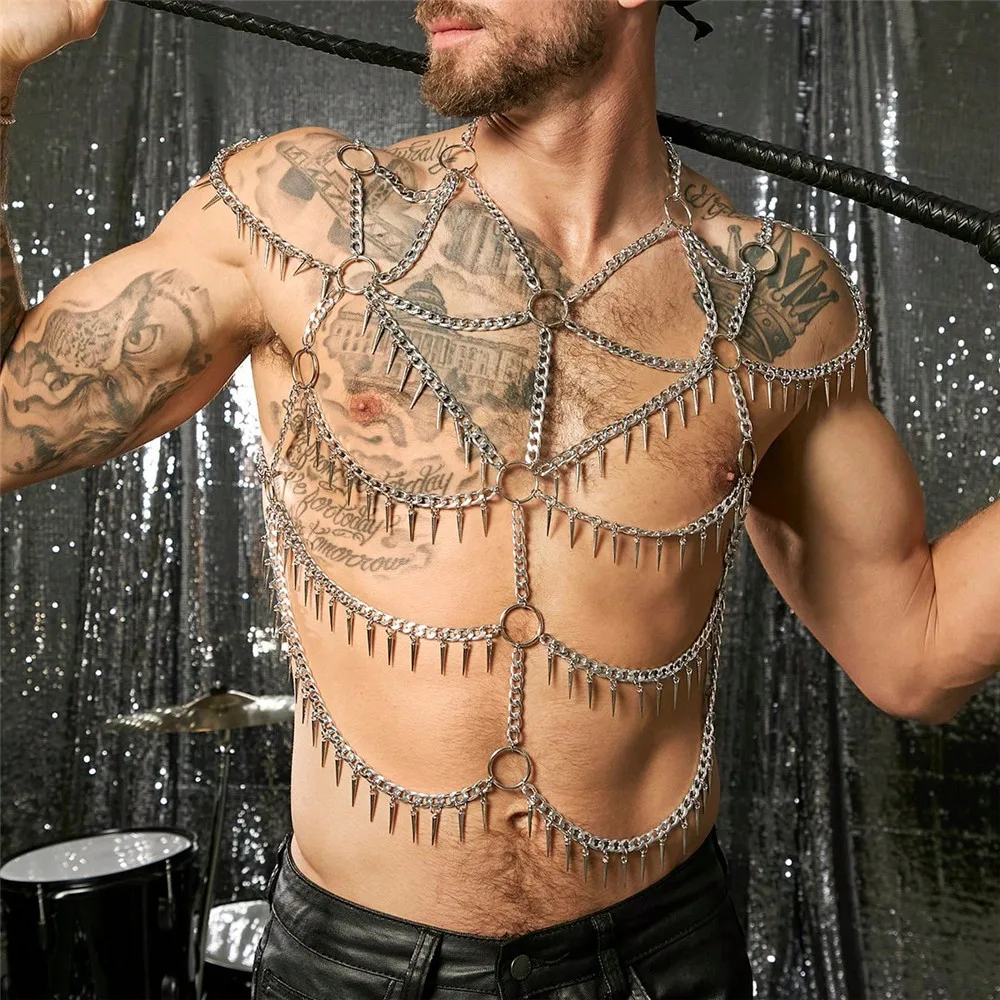 

Европейская и американская мода, многослойная бахрома, мужская цепочка для тела, металлический обруч, ожерелье, жилет, костюм для ночного клуба, дикий костюм для выступлений