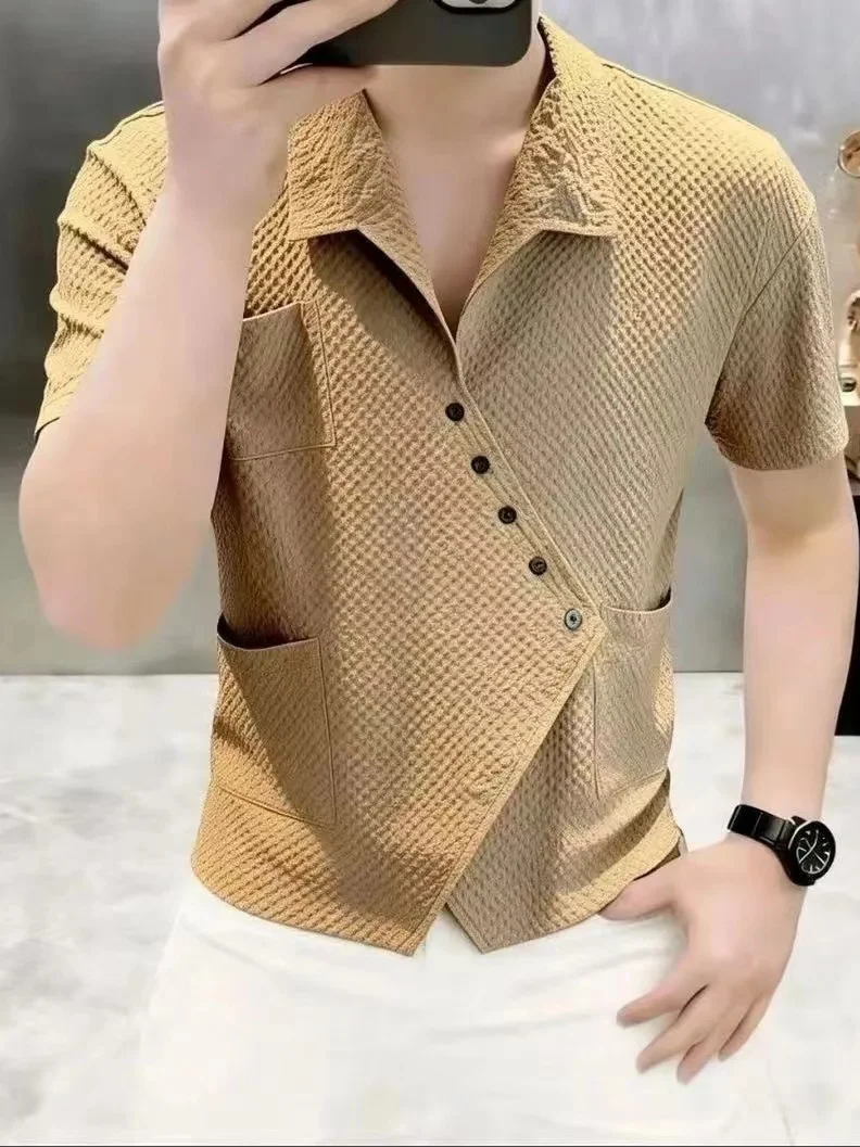 Fashionable Summer Short Sleeve Shirt Men's Casual Lightweight Luxury Irregular Collar Stylish Printed Polyester Shirt Top