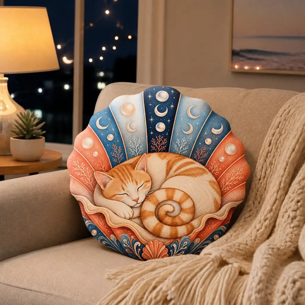 Sleeping Ginger Cat Shell Pillow Celestial Moon Cushion Coastal Plush Stuffed Throw Pillow Cat Lover Gift Beach House Decor