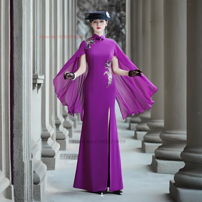 

Китайское винтажное платье 2025 года, улучшенное Cheongsam, национальная цветочная вышивка, формальное Ципао, сценическое, банкетное, вечернее платье