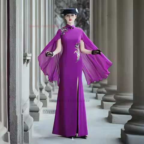 2026 chinese vintage dress improved cheongsam national flower embroidery formal qipao stage performance banquet evening dress