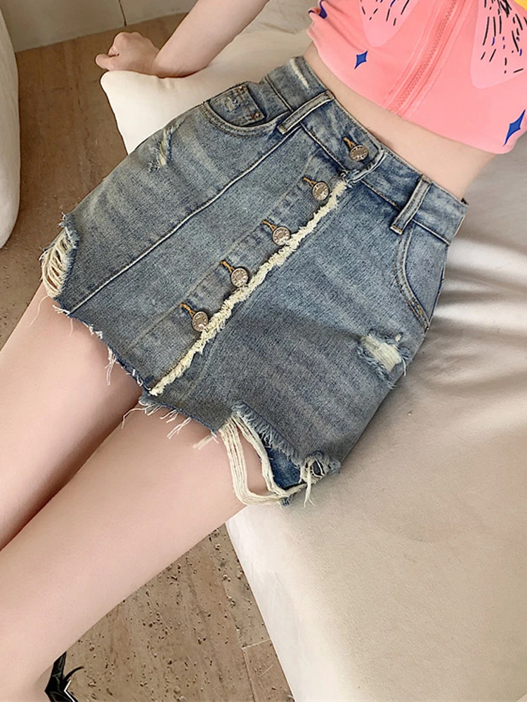 Retro Blue Fashion Button Ripped Denim Skirt New Women Clothing Casual Versatile Short Skirts Row Button Spring Summer Miniskirt